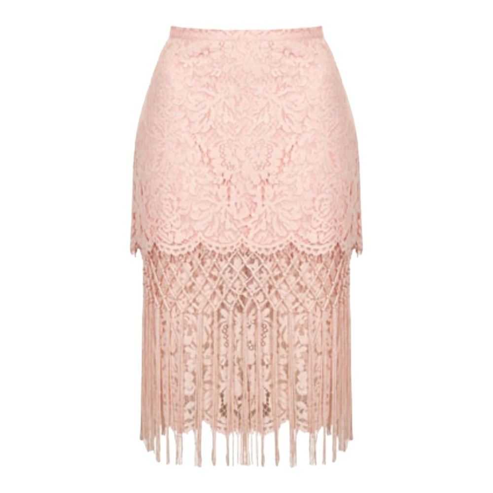 TOPSHOP LACE BLUSH PINK TIERED FRINGED MIDI PENCIL SKIRT - Picture 4 of 13